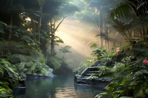 Misty Hot Spring Surrounded By Lush Greenery Stock Illustration
