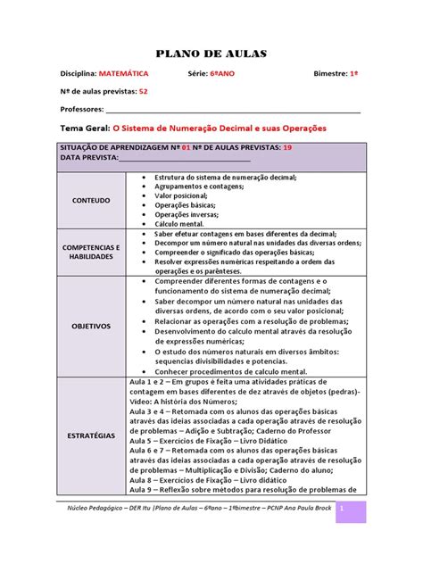 Plano De Aula6ºano1o Bimestre Decimal Fração Matemática Avaliação Gratuita De 30 Dias