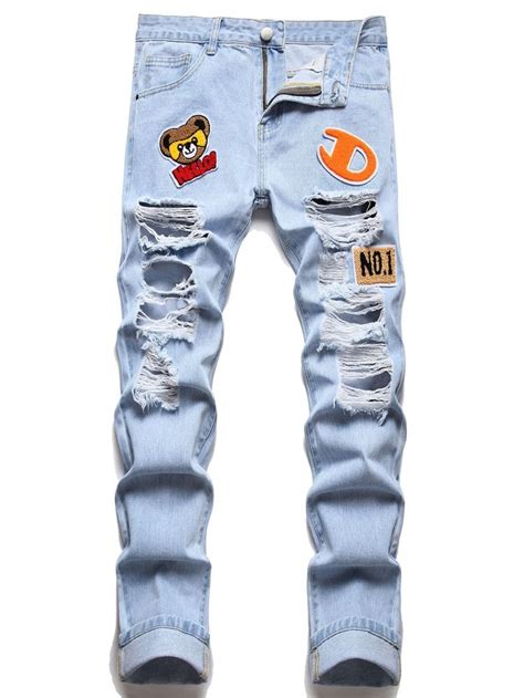 Men Cartoon Letter Patched Ripped Jeans Ripped Jeans Men Mens