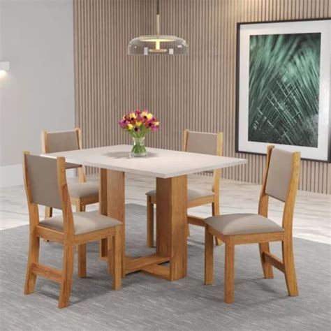 Conjunto Mesa De Jantar Milani C 4 Cadeiras Sol Mel Blonde Veludo