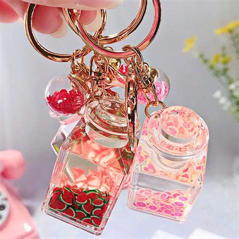 Cute Creative Glitter Key Chain Quicksand Keychain Liquid Floating Fruit Keyring Backpack Bag