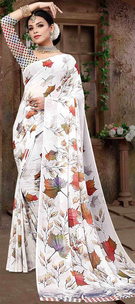 Casual Party Wear White And Off White Color Georgette Fabric Saree