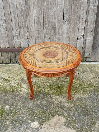 Vintage Louis Xvi French Round Glass Rattan Coffee Table In Wood S