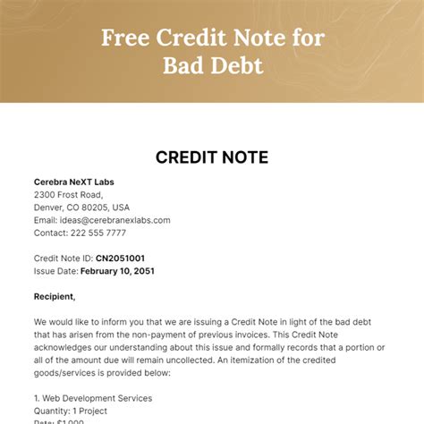 credit note  bad debt template edit