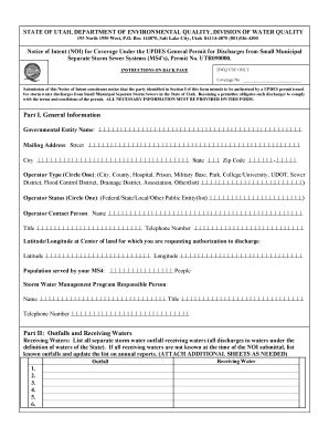 Fillable Online Waterquality Utah Notice Of Intent Form Division Of