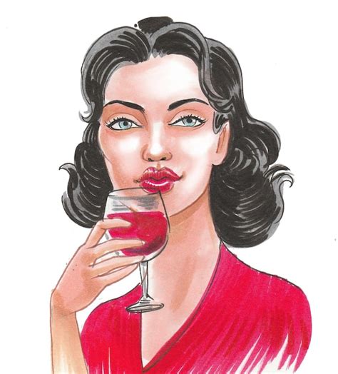 Linda Mulher Morena Bebendo Um Copo De Vinho Tinto Desenho A Tinta E