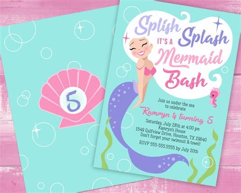 Splish Splash Mermaid Bash Birthday Pool Party Invitations Etsy