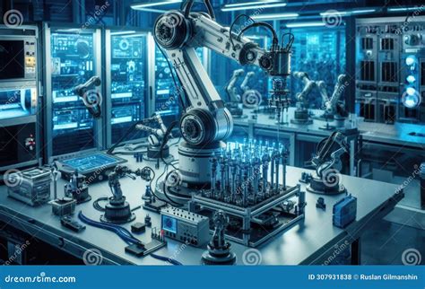 Robot Arms On Fully Automated Assembly Line Inside Modern Electronics