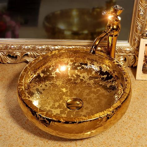 Gold Artistic Procelain Europe Vintage Style Art Wash Basin Ceramic