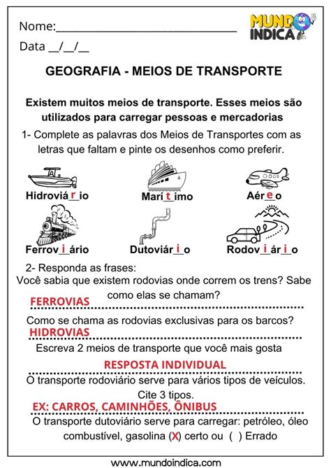 Geografia Meios De Transporte 2 Ano - 20 Atividades de Geografia para 2 ano Ensino Fundamental com Respostas