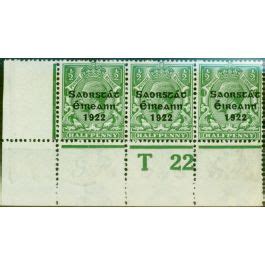 Ireland 1922 1 2d Green SG52 Fine Lightly Mtd Mint Control T22 Strip Of