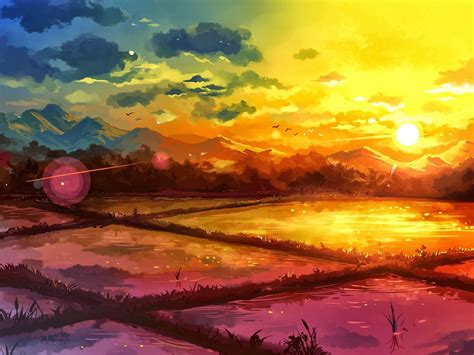 Paddy field illustration, fantasy art, drawing, rice paddy, sunrise HD wallpaper | Wallpaper Flare