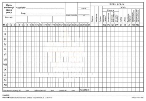 Druk Os 227 Roczna Karta Ewidencji Czasu Pracy A5 Hurtownia Papiernicza
