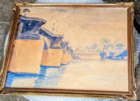 TABLEAU ANCIEN AQUARELLE originale signée au dos Koch Paris Pont sur