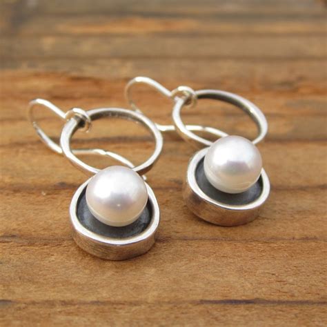 Modern Pearl Earrings In Sterling Silver Sterling Silver Etsy