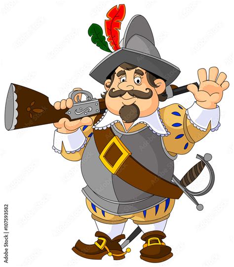 Cartoon Spanish Conquistador With A Musket The Gesture Of Greeting