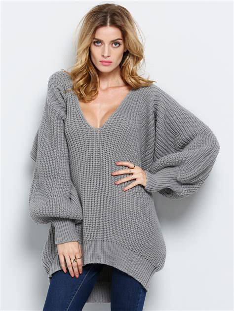 Grey V Neck Loose Knit Sweater Shein Sheinside