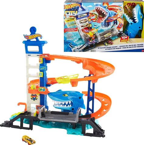 Hot Wheels Track Set And 1 64 Scale Toy Car City Shark Escape Multi Level Playset Hobbies