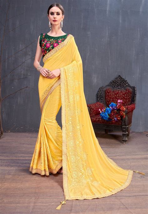 Yellow Georgette Designer Saree And Unstitched Blouse