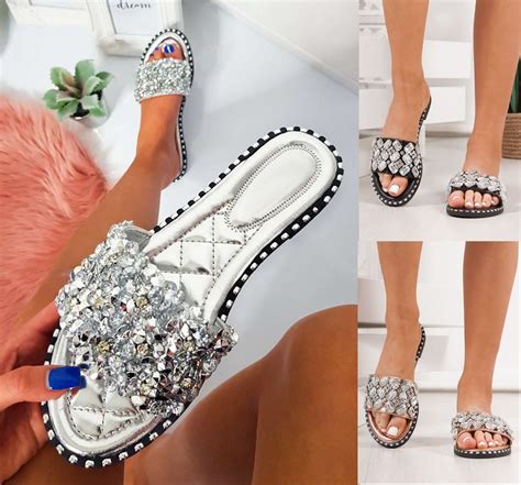 Ladies Womens Diamante Flat Slip On Mules Hoilday Summer Slider Sandals Shoes Sz Ebay