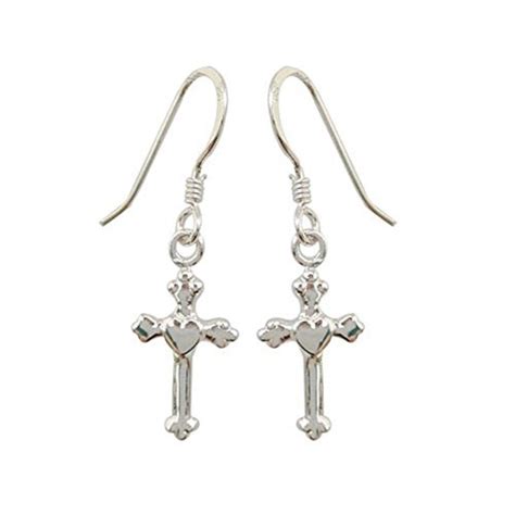 925 Solid Sterling Silver Dangling Heart And Cross Earrings Etsy