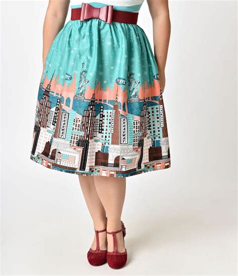 Plus Size Retro Style Mint Stripe New York Horizon Cotton Swing Dress Plus Size Outfits