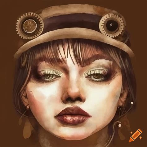 Whimsical Watercolor Drawing Of A Moon Faced Woman In Steampunk Style