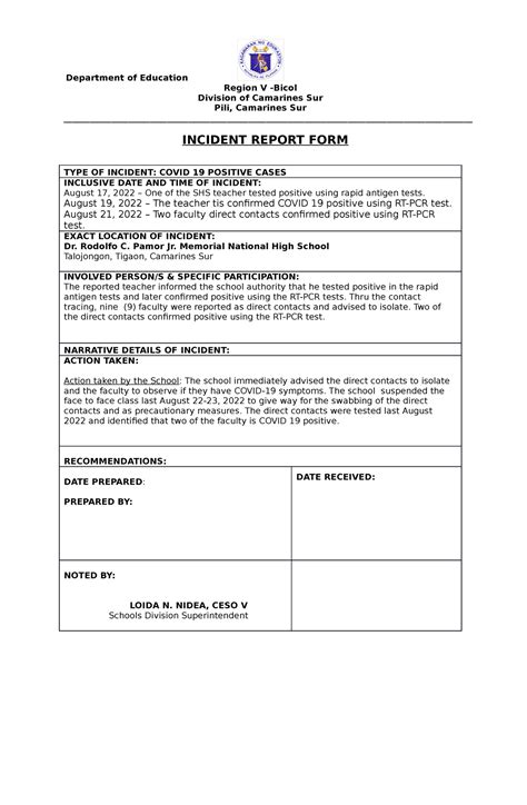 Incident- Report-Form - Department of Education Region V -Bicol Division of Camarines Sur Pili