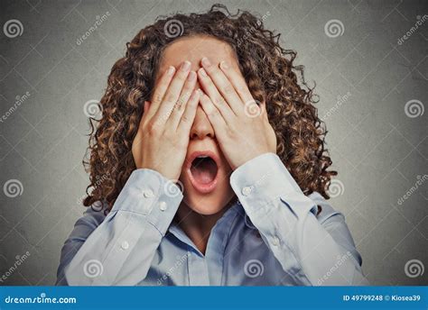 Scared Woman Covering Eyes Wide Open Mouth