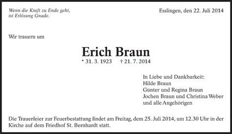 Traueranzeigen Von Erich Braun Zeit Des Gedenkens De