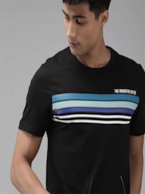 Buy The Roadster Lifestyle Co Men Black Striped Round Neck Pure Cotton