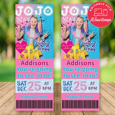 Editable Jojo Siwa Ticket Invitation Jojo T Free Thank You Wowtemp