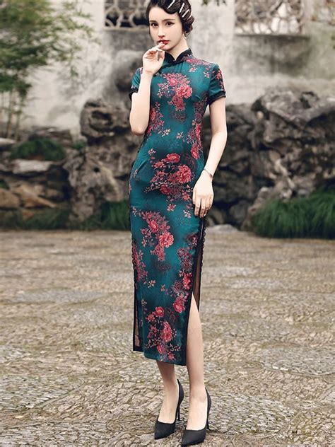 Green Floral Print Maxi Qipao Cheongsam Dress Cozyladywear