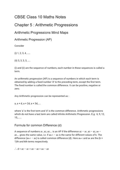 Solution Cbse Class 10 Maths Notes Chapter 5 Arithmetic Progressions