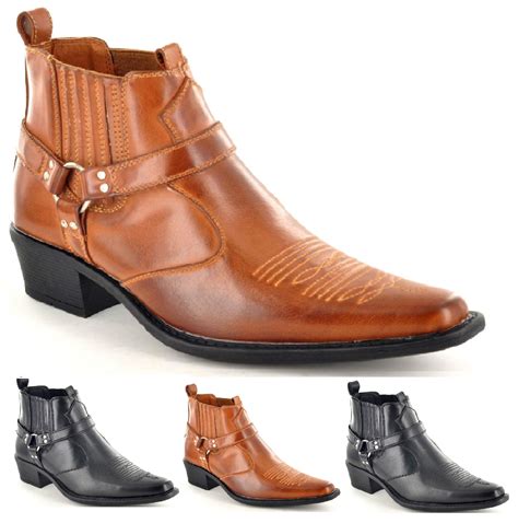 MENS WESTERN BOOTS ANKLE RIDING BIKER COWBOY POINTED TOE SLIP ON HEELS SHOES | eBay