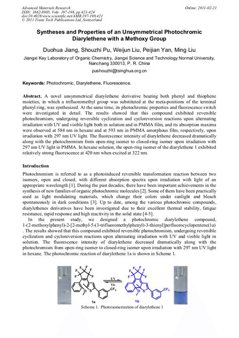 Syntheses And Properties Of An Unsymmetrical Photochromic Diarylethene