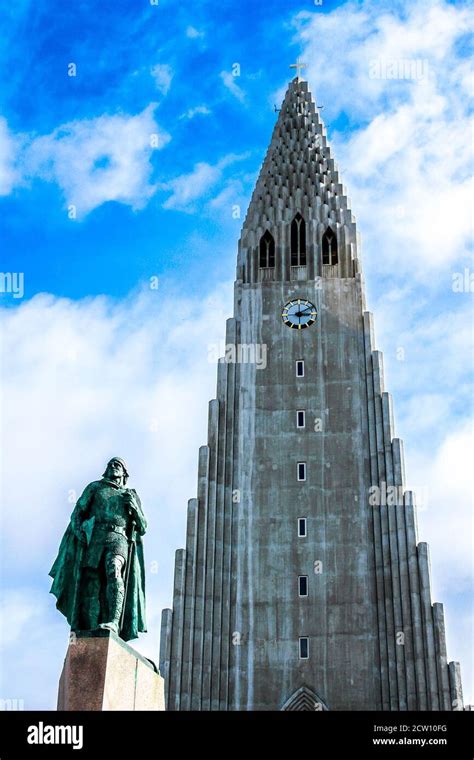 Hallgrimskirkja Church And The Statue Of Explorer Leif Erikson In Front