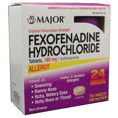 Major Fexofenadine Hydrochloride Allergy Tablets 180 Mg 60 Count