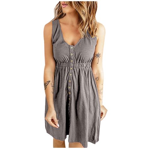 Ryrjj Womens Casual Sleeveless T Shirt Dresses Summer V Neck Button Down Elastic Waist A Line