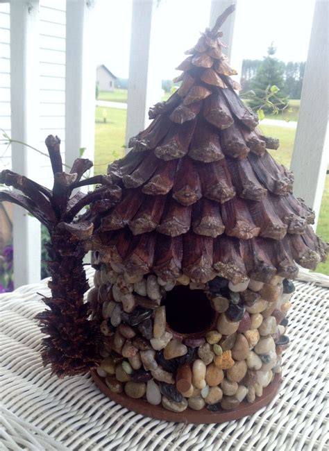 Tiki Beach Birdhouse Crafted With Pinecone Roofing And Stone Etsy