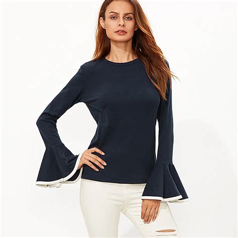 Fashion Women Casual O Neck Long Flare Sleeve Solid Blouse Casual Flare Sleeve Shirts Long Flare