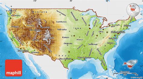 Physical Map of United States, single color outside