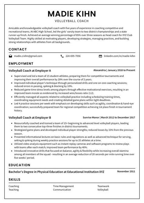 Volleyball Coach Resume (CV) Example and Writing Guide