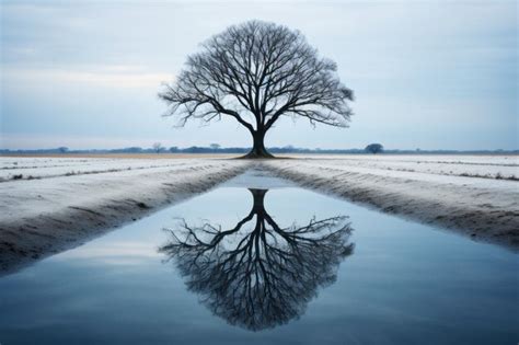 Premium Ai Image A Lone Tree Is Reflected In A Puddle In The Middle