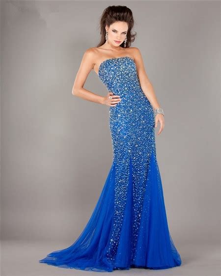 Mermaid Strapless Royal Blue Tulle Beaded Prom Dress With Train