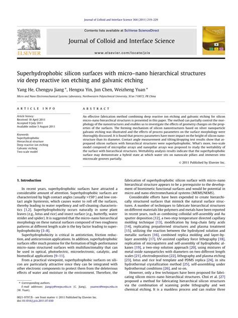 Pdf Superhydrophobic Silicon Surfaces With Micronano Hierarchical