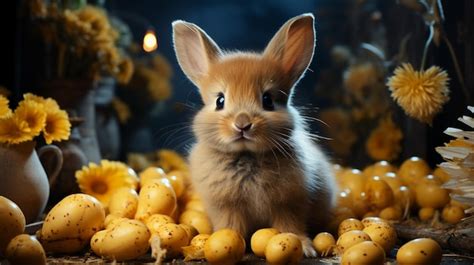 Foto de coelho feliz muitos ovos de páscoa na grama fundo festivo