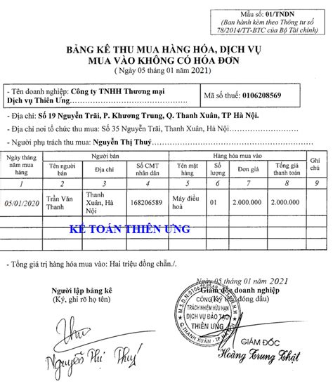 Mẫu bảng kê 01 TNDN thu mua hàng hóa theo thông tư 78