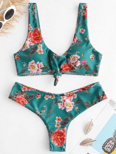 Floral Knotted Tank Bikini Set Bra Style Padded Support Type Wire