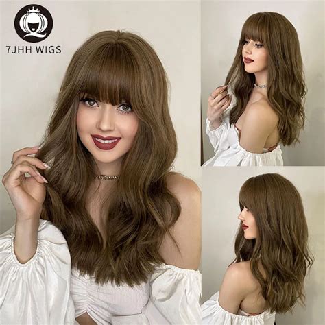 7jhh Long Wavy Synthetic Hair Wigs For Women Flaxen Brown Color Cosplay Wig Female Heat